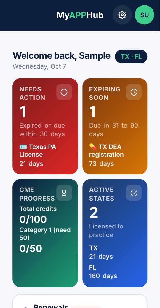 The MyAPPHub Home screen with sample data